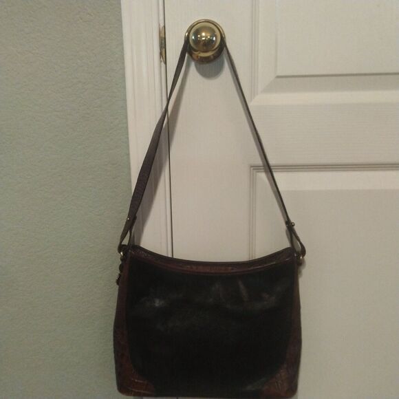 Vintage Brahmin Purse Pecan Croc Black Leather Combo Shoulder Handbag - Picture 4 of 16